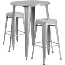 Flash Furniture CH-51090BH-2-30SQST-SIL-GG 30&quot; Round Silver Metal Indoor/Outdoor Bar Table Set with 2 Square Seat Backless Stools
