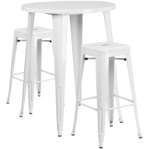 Flash Furniture CH-51090BH-2-30SQST-WH-GG 30" Round White Metal Indoor/Outdoor Bar Table Set with 2 Square Seat Backless Stools