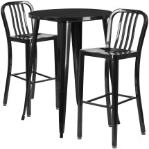 Flash Furniture CH-51090BH-2-30VRT-BK-GG 30" Round Black Metal Indoor/Outdoor Bar Table Set with 2 Vertical Slat Back Stools