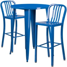 Flash Furniture CH-51090BH-2-30VRT-BL-GG 30&quot; Round Blue Metal Indoor/Outdoor Bar Table Set with 2 Vertical Slat Back Stools