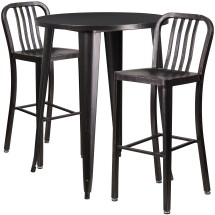 Flash Furniture CH-51090BH-2-30VRT-BQ-GG 30&quot; Round Black-Antique Gold Metal Indoor/Outdoor Bar Table Set with 2 Vertical Slat Back Stools