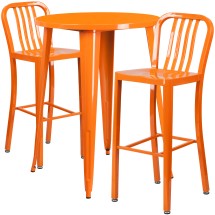 Flash Furniture CH-51090BH-2-30VRT-OR-GG 30" Round Orange Metal Indoor/Outdoor Bar Table Set with 2 Vertical Slat Back Stools