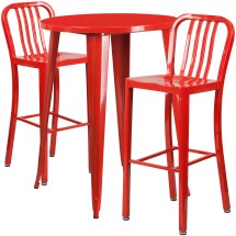 Flash Furniture CH-51090BH-2-30VRT-RED-GG 30" Round Red Metal Indoor/Outdoor Bar Table Set with 2 Vertical Slat Back Stools