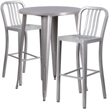 Flash Furniture CH-51090BH-2-30VRT-SIL-GG 30" Round Silver Metal Indoor/Outdoor Bar Table Set with 2 Vertical Slat Back Stools