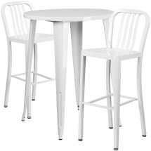 Flash Furniture CH-51090BH-2-30VRT-WH-GG 30" Round White Metal Indoor/Outdoor Bar Table Set with 2 Vertical Slat Back Stools
