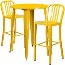 Flash Furniture CH-51090BH-2-30VRT-YL-GG 30&quot; Round Yellow Metal Indoor/Outdoor Bar Table Set with 2 Vertical Slat Back Stools