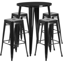 Flash Furniture CH-51090BH-4-30SQST-BK-GG 30" Round Black Metal Indoor/Outdoor Bar Table Set with 4 Square Seat Backless Stools