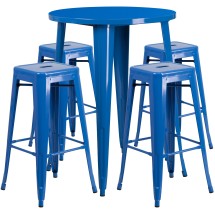 Flash Furniture CH-51090BH-4-30SQST-BL-GG 30" Round Blue Metal Indoor/Outdoor Bar Table Set with 4 Square Seat Backless Stools