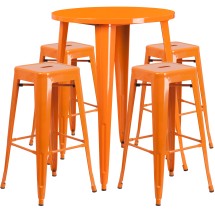Flash Furniture CH-51090BH-4-30SQST-OR-GG 30" Round Orange Metal Indoor/Outdoor Bar Table Set with 4 Square Seat Backless Stools