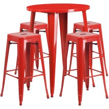 Flash Furniture CH-51090BH-4-30SQST-RED-GG 30&quot; Round Red Metal Indoor/Outdoor Bar Table Set with 4 Square Seat Backless Stools