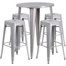Flash Furniture CH-51090BH-4-30SQST-SIL-GG 30" Round Silver Metal Indoor/Outdoor Bar Table Set with 4 Square Seat Backless Stools