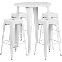 Flash Furniture CH-51090BH-4-30SQST-WH-GG 30&quot; Round White Metal Indoor/Outdoor Bar Table Set with 4 Square Seat Backless Stools