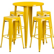 Flash Furniture CH-51090BH-4-30SQST-YL-GG 30" Round Yellow Metal Indoor/Outdoor Bar Table Set with 4 Square Seat Backless Stools