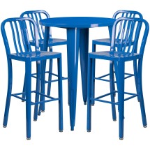 Flash Furniture CH-51090BH-4-30VRT-BL-GG 30" Round Blue Metal Indoor/Outdoor Bar Table Set with 4 Vertical Slat Back Stools