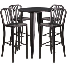 Flash Furniture CH-51090BH-4-30VRT-BQ-GG 30&quot; Round Black-Antique Gold Metal Indoor/Outdoor Bar Table Set with 4 Vertical Slat Back Stools