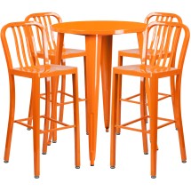 Flash Furniture CH-51090BH-4-30VRT-OR-GG 30&quot; Round Orange Metal Indoor/Outdoor Bar Table Set with 4 Vertical Slat Back Stools
