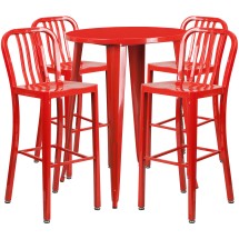 Flash Furniture CH-51090BH-4-30VRT-RED-GG 30" Round Red Metal Indoor/Outdoor Bar Table Set with 4 Vertical Slat Back Stools
