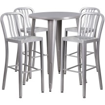 Flash Furniture CH-51090BH-4-30VRT-SIL-GG 30&quot; Round Silver Metal Indoor/Outdoor Bar Table Set with 4 Vertical Slat Back Stools