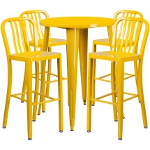 Flash Furniture CH-51090BH-4-30VRT-YL-GG 30" Round Yellow Metal Indoor/Outdoor Bar Table Set with 4 Vertical Slat Back Stools