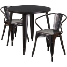 Flash Furniture CH-51090TH-2-18ARM-BQ-GG 30" Round Black-Antique Gold Metal Indoor/Outdoor Table Set with 2 Arm Chairs