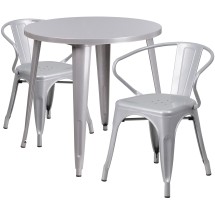 Flash Furniture CH-51090TH-2-18ARM-SIL-GG 30" Round Silver Metal Indoor/Outdoor Table Set with 2 Arm Chairs