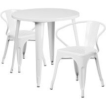 Flash Furniture CH-51090TH-2-18ARM-WH-GG 30" Round White Metal Indoor/Outdoor Table Set with 2 Arm Chairs