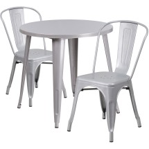 Flash Furniture CH-51090TH-2-18CAFE-SIL-GG 30" Round Silver Metal Indoor/Outdoor Table Set with 2 Cafe Chairs