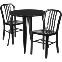 Flash Furniture CH-51090TH-2-18VRT-BK-GG 30" Round Black Metal Indoor/Outdoor Table Set with 2 Vertical Slat Back Chairs