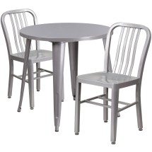 Flash Furniture CH-51090TH-2-18VRT-SIL-GG 30&quot; Round Silver Metal Indoor/Outdoor Table Set with 2 Vertical Slat Back Chairs