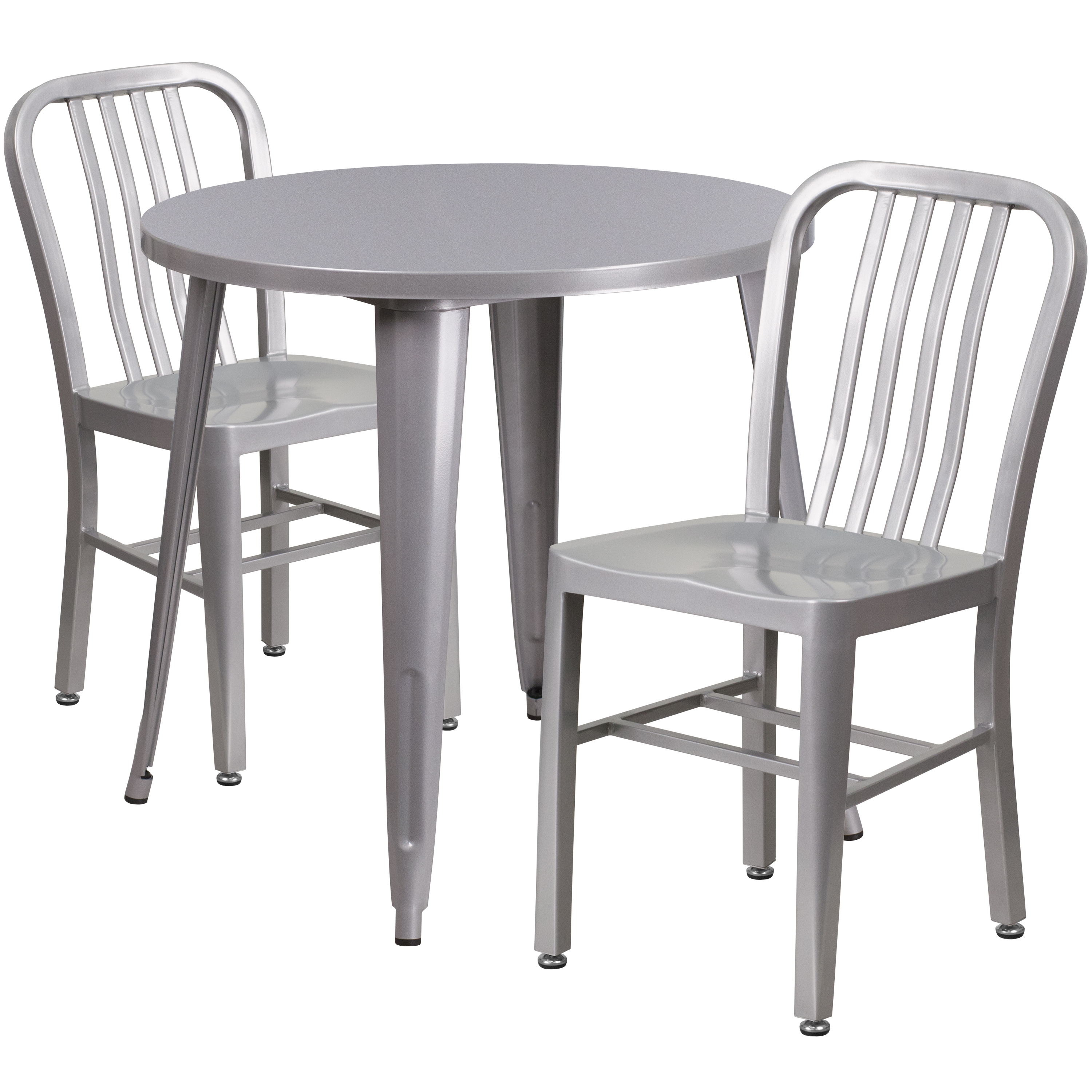 Flash Furniture CH-51090TH-2-18VRT-SIL-GG 30" Round Silver Metal Indoor/Outdoor Table Set with 2 Vertical Slat Back Chairs