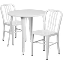 Flash Furniture CH-51090TH-2-18VRT-WH-GG 30" Round White Metal Indoor/Outdoor Table Set with 2 Vertical Slat Back Chairs