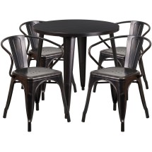 Flash Furniture CH-51090TH-4-18ARM-BQ-GG 30" Round Black-Antique Gold Metal Indoor/Outdoor Table Set with 4 Arm Chairs
