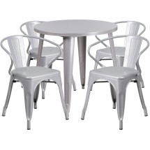 Flash Furniture CH-51090TH-4-18ARM-SIL-GG 30&quot; Round Silver Metal Indoor/Outdoor Table Set with 4 Arm Chairs