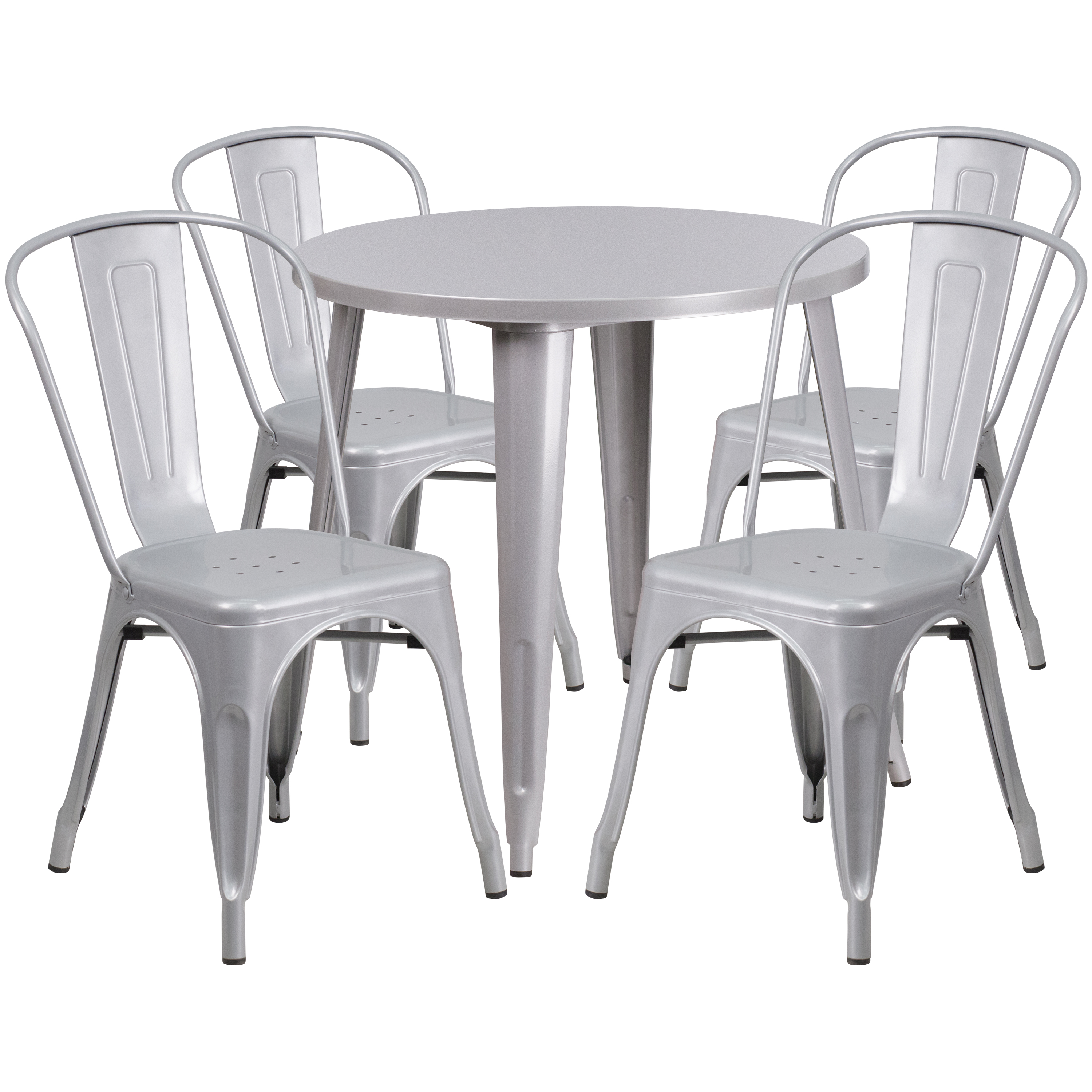 Flash Furniture CH-51090TH-4-18CAFE-SIL-GG 30" Round Silver Metal Indoor/Outdoor Table Set with 4 Cafe Chairs