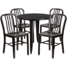 Flash Furniture CH-51090TH-4-18VRT-BQ-GG 30" Round Black-Antique Gold Metal Indoor/Outdoor Table Set with 4 Vertical Slat Back Chairs