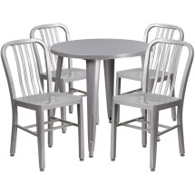 Flash Furniture CH-51090TH-4-18VRT-SIL-GG 30" Round Silver Metal Indoor/Outdoor Table Set with 4 Vertical Slat Back Chairs