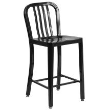 Flash Furniture CH-61200-24-BK-GG 24''H Black Metal Indoor/Outdoor Counter Height Stool with Vertical Slat Back