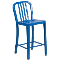 Flash Furniture CH-61200-24-BL-GG 24''H Blue Metal Indoor/Outdoor Counter Height Stool with Vertical Slat Back