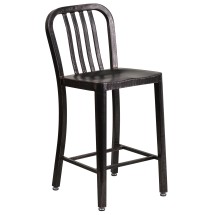 Flash Furniture CH-61200-24-BQ-GG 24''H Black-Antique Gold Metal Indoor/Outdoor Counter Height Stool with Vertical Slat Back