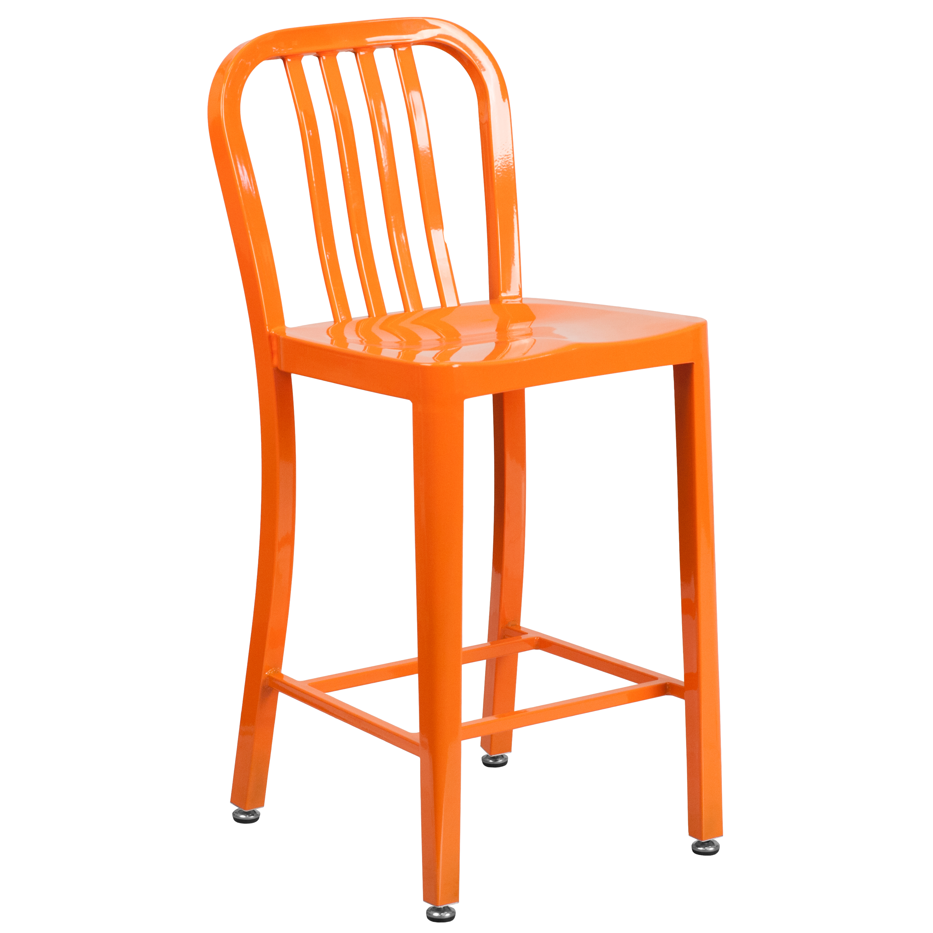 Flash Furniture CH-61200-24-OR-GG 24''H Orange Metal Indoor/Outdoor Counter Height Stool with Vertical Slat Back