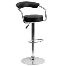 Flash Furniture CH-TC3-1060-BK-GG Contemporary Black Vinyl Adjustable Height Barstool with Arms and Chrome Base