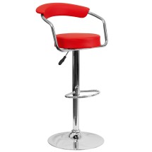 Flash Furniture CH-TC3-1060-RED-GG Contemporary Red Vinyl Adjustable Height Barstool with Arms and Chrome Base