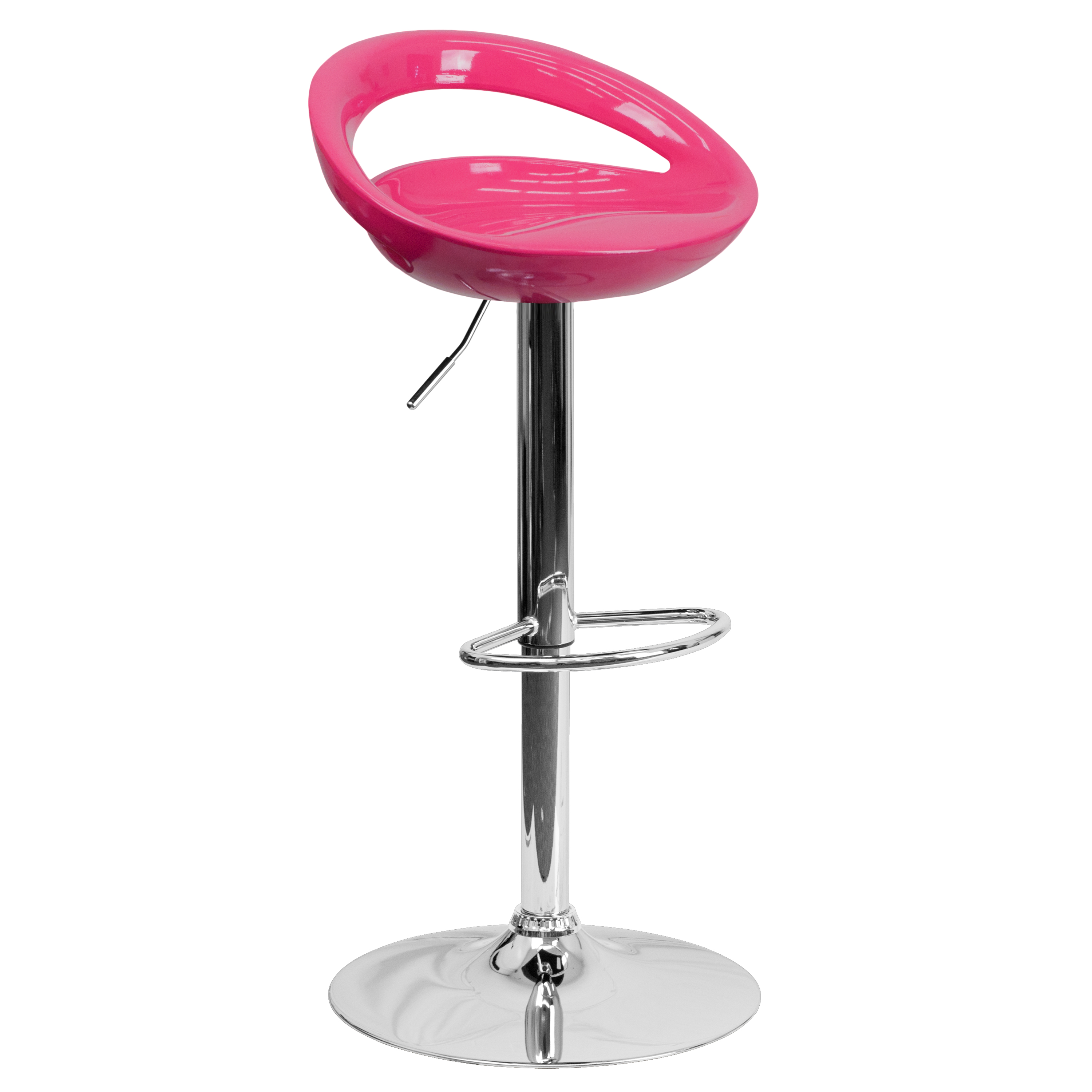 Flash Furniture CH-TC3-1062-PK-GG Contemporary Pink Plastic Adjustable Height Barstool with Rounded Cutout Back and Chrome Base