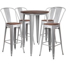 Flash Furniture CH-WD-TBCH-11-GG 30&quot; Round Silver Metal Bar Table Set with Wood Top and 4 Stools
