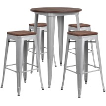 Flash Furniture CH-WD-TBCH-12-GG 30" Round Silver Metal Bar Table Set with Wood Top and 4 Backless Stools