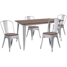 Flash Furniture CH-WD-TBCH-13-GG 30.25&quot; x 60&quot; Silver Metal Table Set with Wood Top and 4 Stack Chairs