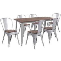 Flash Furniture CH-WD-TBCH-14-GG 30.25" x 60" Silver Metal Table Set with Wood Top and 6 Stack Chairs