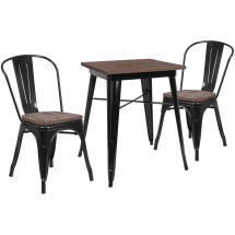 Flash Furniture CH-WD-TBCH-15-GG 23.5" Square Black Metal Table Set with Wood Top and 2 Stack Chairs