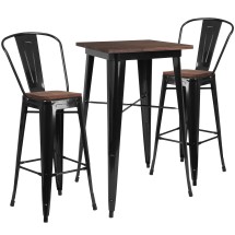 Flash Furniture CH-WD-TBCH-16-GG 23.5" Square Black Metal Bar Table Set with Wood Top and 2 Stools