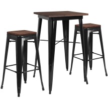 Flash Furniture CH-WD-TBCH-17-GG 23.5" Square Black Metal Bar Table Set with Wood Top and 2 Backless Stools